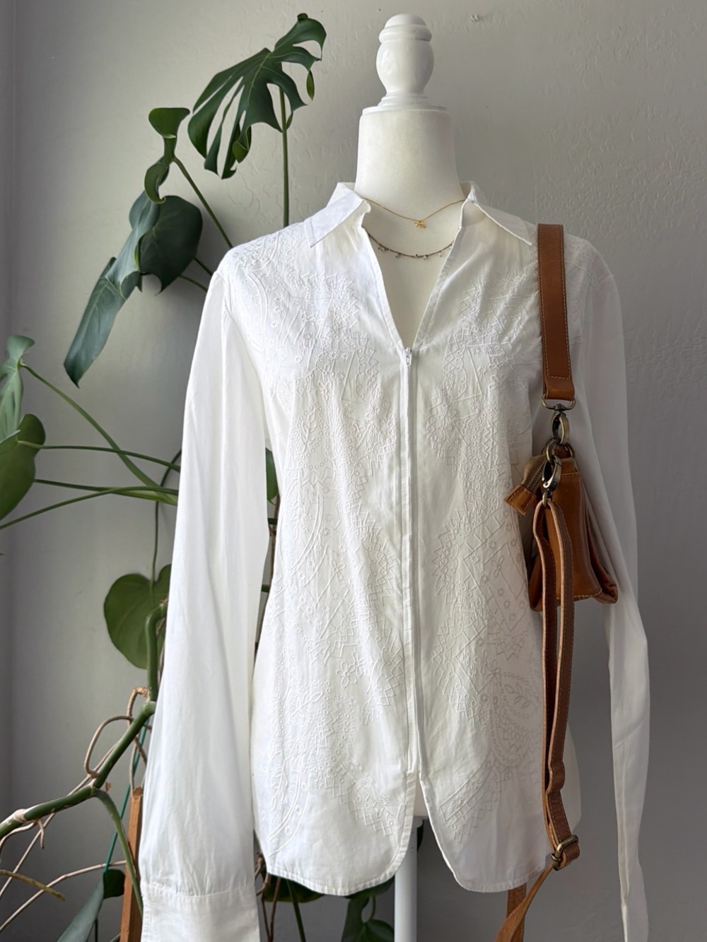 Coldwater Creek White Embroidered Button-Front Shirt